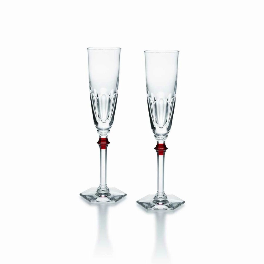 * Baccarat Crystal Baccarat Harcourt Eve Champagne Flutes, Red Knob, Pair | Toasting Flutes