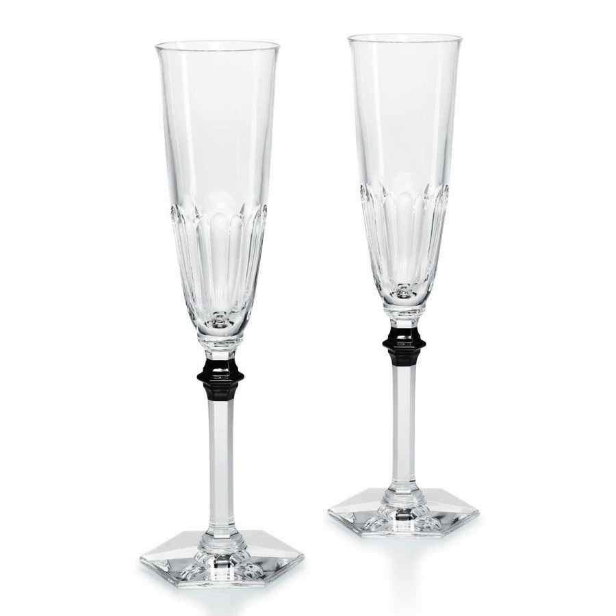 * Baccarat Crystal Baccarat Harcourt Eve Champagne Flute Black Knob, Pair | Toasting Flutes