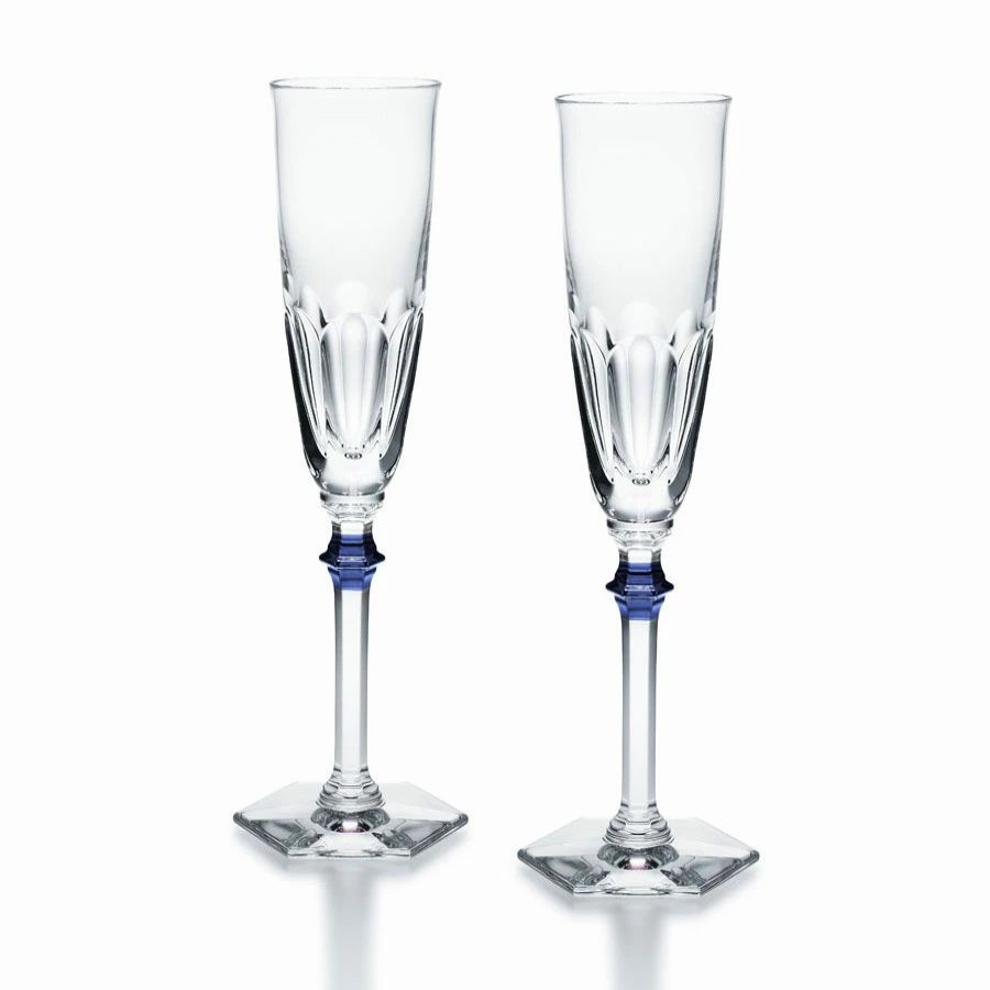 * Baccarat Crystal Baccarat Harcourt Eve Champagne Flutes, Blue Knob, Pair | Toasting Flutes